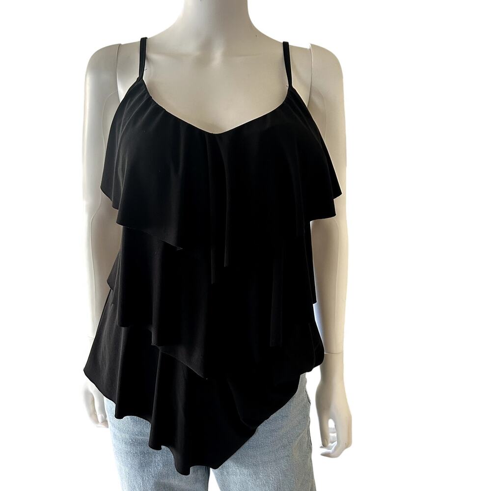MAGICSUIT BLACK SOLID RITA RUFFLE V-NECK TANKINI SWIMSUIT TOP